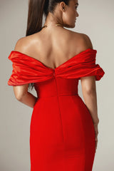 Presley Crepe Ruffle Shoulder Gown Dress (Red)