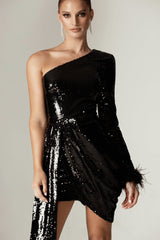 Misty Sequin One Shoulder Mini Dress (Black)