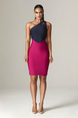 Ira One Shoulder Two Tone Bandage Mini Dress (Navy Blue & Fuchsia)