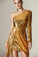 Misty Sequin One Shoulder Mini Dress (Gold)