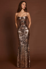 Embellished Straight-Neck Maxi Dress in Black Gold Foil