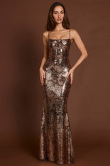 Embellished Straight-Neck Maxi Dress in Black Gold Foil