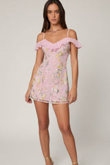 Embellished Lace-Up A-Line Mini Dress in Soft Pink
