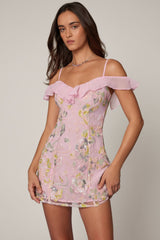 Embellished Lace-Up A-Line Mini Dress in Soft Pink