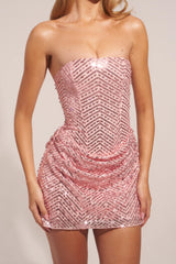 Embellished Draped Strapless A-Line Mini Dress in Blush Pink