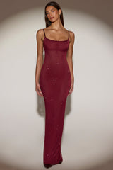 Sheer Embellished Backless Maxi Dress in Burgundy