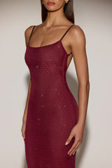 Sheer Embellished Backless Maxi Dress in Burgundy