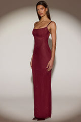 Sheer Embellished Backless Maxi Dress in Burgundy