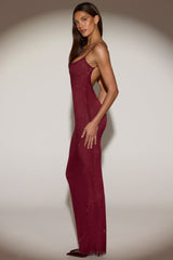 Sheer Embellished Backless Maxi Dress in Burgundy