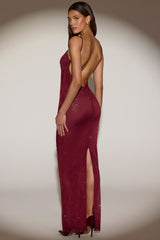 Sheer Embellished Backless Maxi Dress in Burgundy