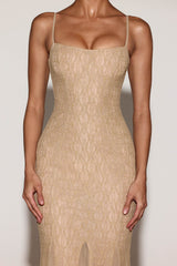 Metallic Lace Godet Fishtail Gown in Gold