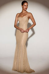 Metallic Lace Godet Fishtail Gown in Gold