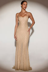 Metallic Lace Godet Fishtail Gown in Gold