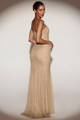 Metallic Lace Godet Fishtail Gown in Gold