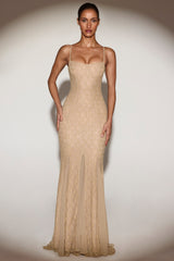 Metallic Lace Godet Fishtail Gown in Gold
