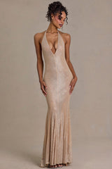 Premium Embellished Plunge-Neck Open-Back Gown in Beige Gold