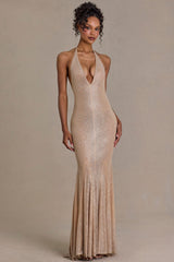 Premium Embellished Plunge-Neck Open-Back Gown in Beige Gold