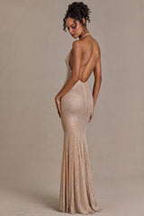 Premium Embellished Plunge-Neck Open-Back Gown in Beige Gold