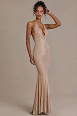 Premium Embellished Plunge-Neck Open-Back Gown in Beige Gold