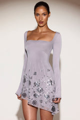 Embellished Appliqué Asymmetric Mini Dress in Lilac