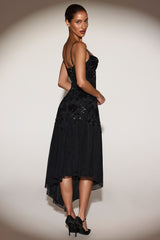 Embellished Soft-Scoop Asymmetric Midaxi Dress in Black