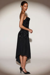 Embellished Soft-Scoop Asymmetric Midaxi Dress in Black