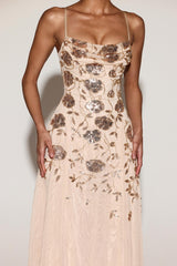 Embellished Soft-Scoop Asymmetric Midaxi Dress in Gold