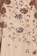 Embellished Soft-Scoop Asymmetric Midaxi Dress in Gold