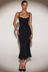 Embellished Peekaboo Fluted-Hem Midaxi Dress in Black