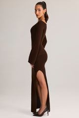 Rib-Knit Boat-Neck Long-Sleeve Maxi Dress in Chocolate Brown