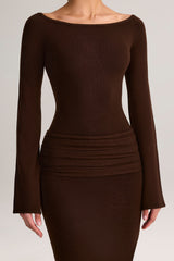 Rib-Knit Boat-Neck Long-Sleeve Maxi Dress in Chocolate Brown