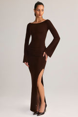 Rib-Knit Boat-Neck Long-Sleeve Maxi Dress in Chocolate Brown