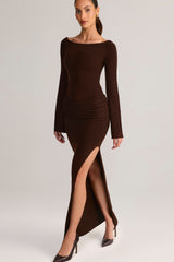 Rib-Knit Boat-Neck Long-Sleeve Maxi Dress in Chocolate Brown