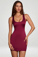 Scoop Neck Lace-up Back Mini Dress in Wine Red