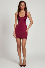 Scoop Neck Lace-up Back Mini Dress in Wine Red