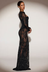 Sheer Embellished Bodysuit Corset Gown Dress in Black