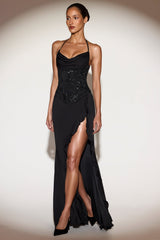 Embellished Cowl-Neck Ruffled Gown Dress in Black