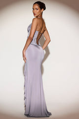 Embellished Cowl-Neck Ruffled Gown Dress in Lilac