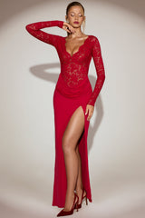 Lace Scalloped Plunge-Neck Maxi Dress in True Red
