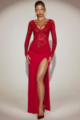 Lace Scalloped Plunge-Neck Maxi Dress in True Red