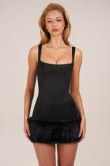 Satin Square-Neck Corset Faux-Fur Mini Dress in Black