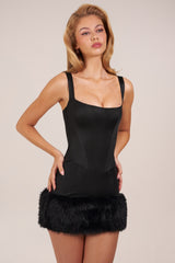 Satin Square-Neck Corset Faux-Fur Mini Dress in Black