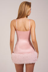 Satin Square-Neck Corset Faux-Fur Mini Dress in Blush Pink