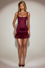 Satin Square-Neck Corset Faux-Fur Mini Dress in Wine Red