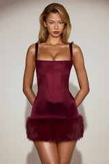 Satin Square-Neck Corset Faux-Fur Mini Dress in Wine Red