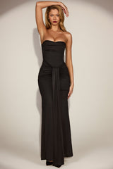 Satin Peekaboo Bandeau Draped Gown in Black