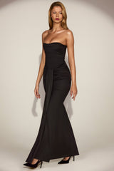 Satin Peekaboo Bandeau Draped Gown in Black