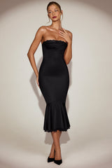 Satin Lace-Trim Bandeau Fluted Midaxi Dress in Black