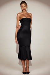Satin Lace-Trim Bandeau Fluted Midaxi Dress in Black