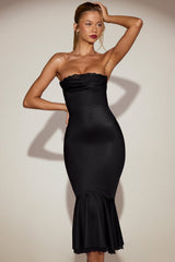 Satin Lace-Trim Bandeau Fluted Midaxi Dress in Black